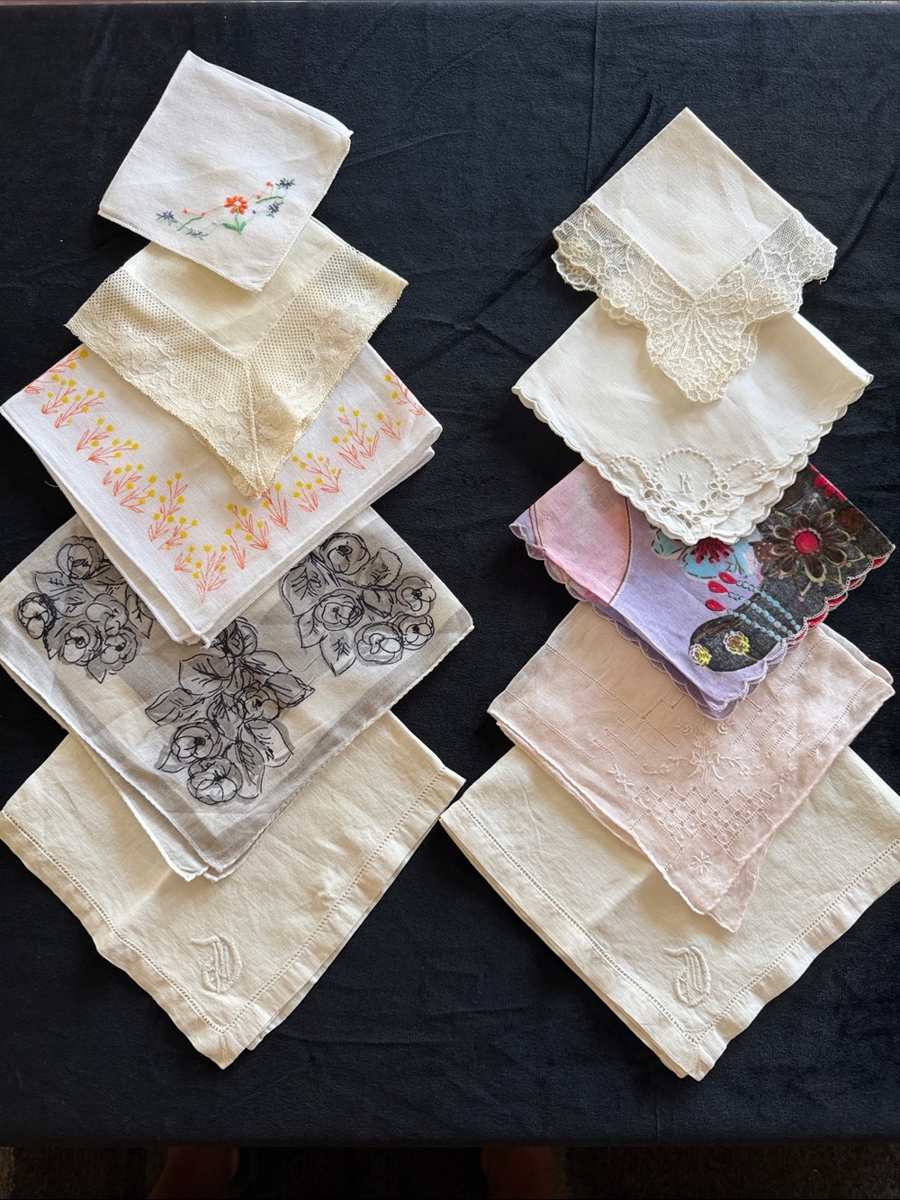 Vintage White and Pastel Embroidered Linen Handkerchief Set of 10